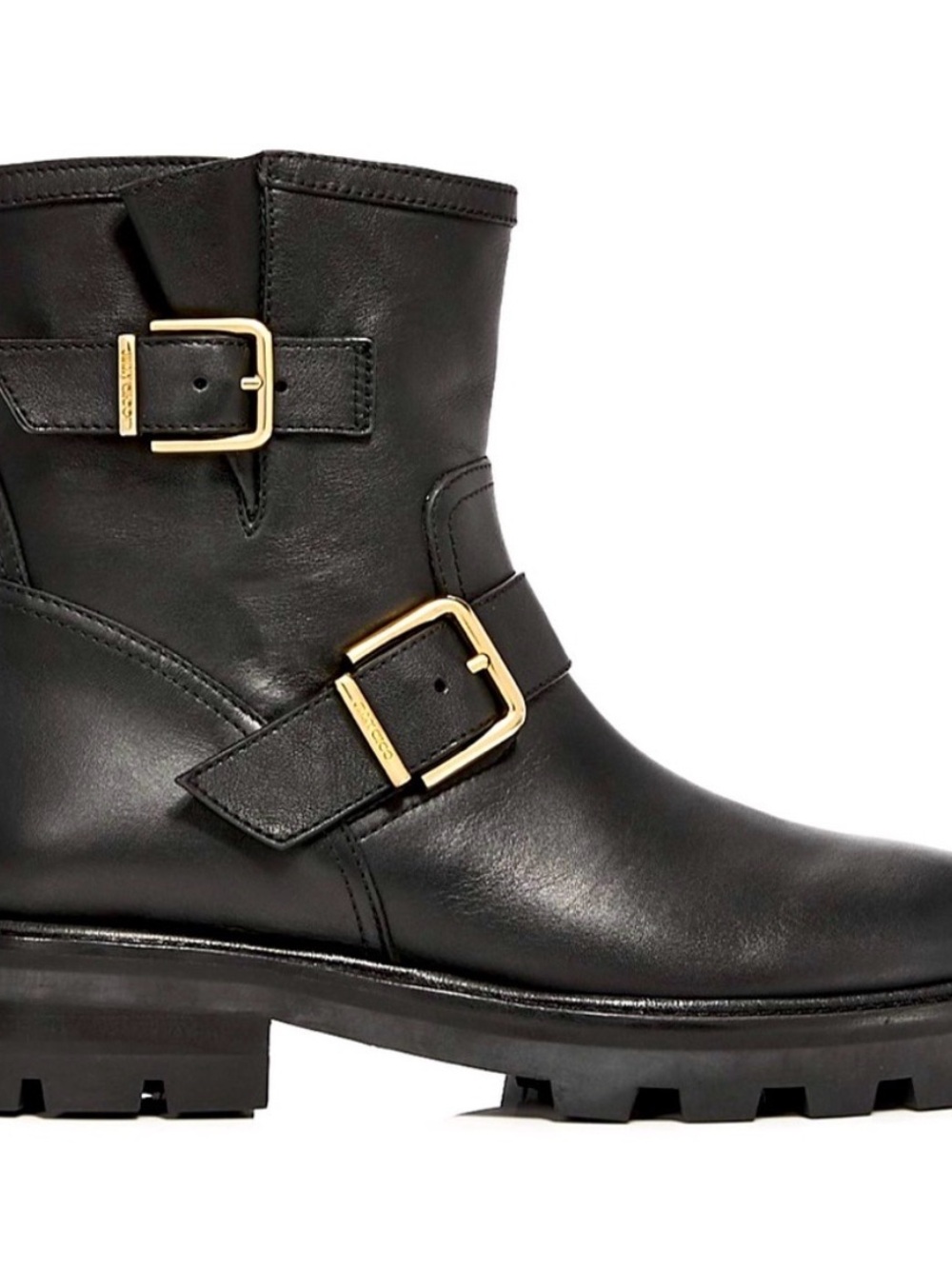 Jimmy Choo Black Leather Moto Ankle Boots with Silver Buckles